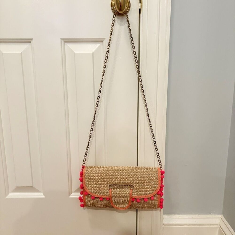Sondra Roberts Raffia Wicker Handbag Pom Pom - Picture 2 of 6